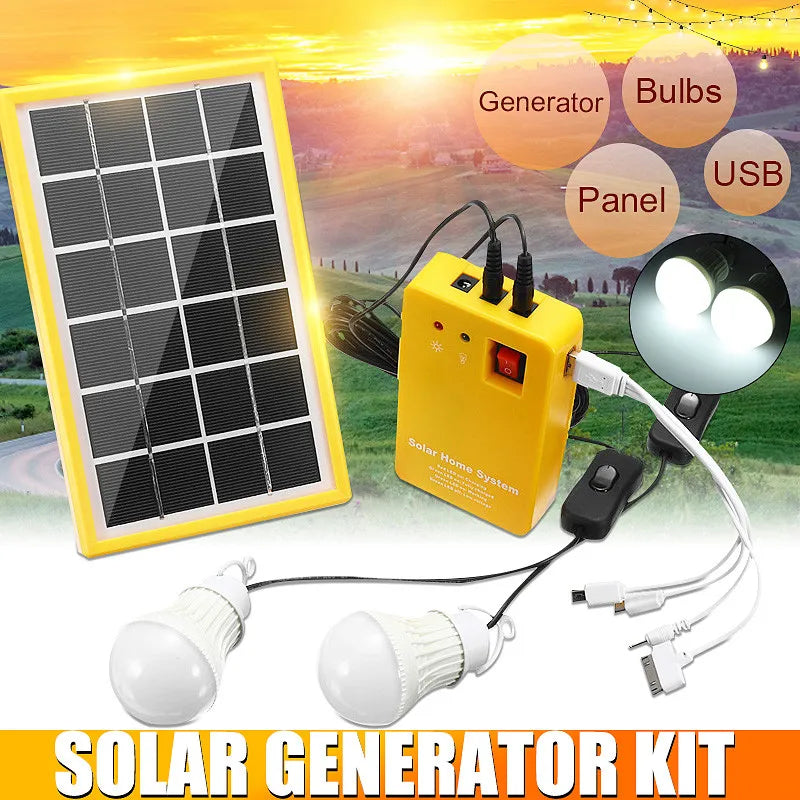 Emergency Light Kit Solar Generator 4 Heads USB Charger Cable + 2 LED Light Bulb for Outdoor Camping Solar Light